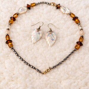 Amber Glass & Mother of Pearl Leaf Jewelry Set Necklace Earrings Boho Nature